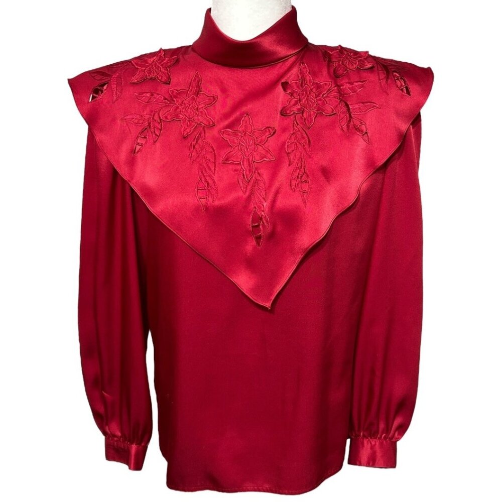 Vintage Nilani Red Satin Blouse With Embroidered Floral Yoke Size 9 /‎ 10